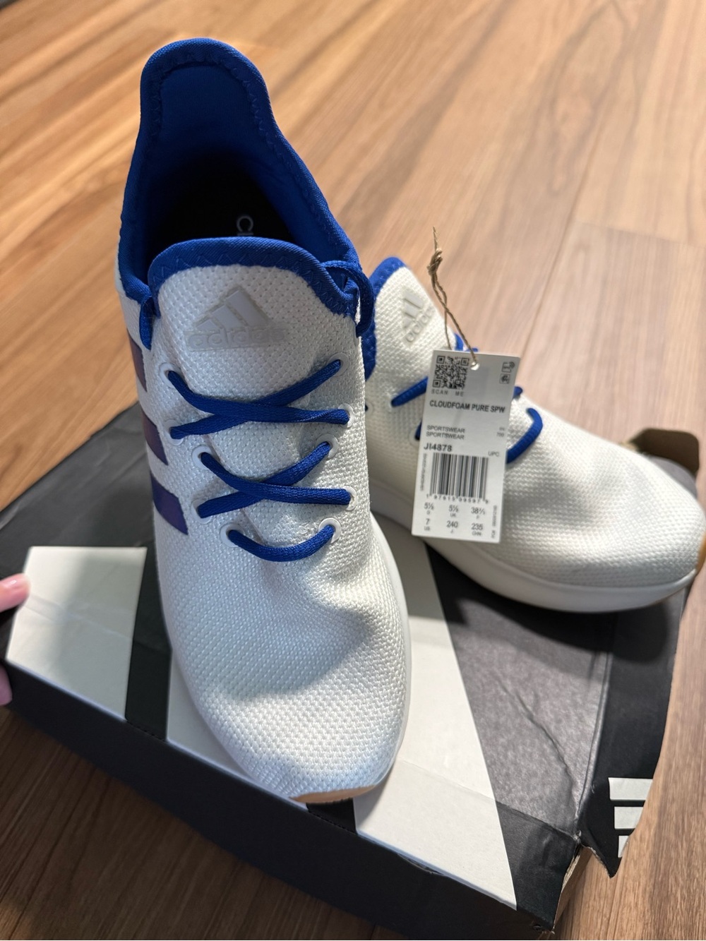 Adidas Women’s White Athletic Sneakers with Royal Blue Accents